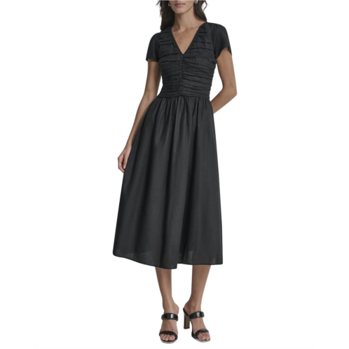 DKNY shirring cap sleeve linen-blend dress