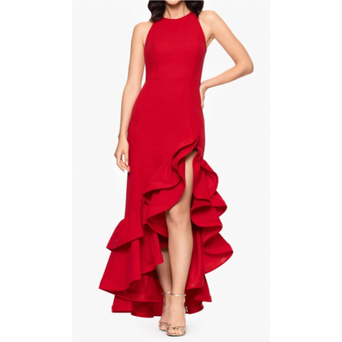 Betsy & Adam arielle ruffle halter crepe gown in red