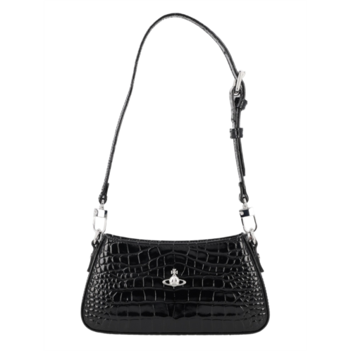 VIVIENNE WESTWOOD black calf leather crocodile embossed shoulder bag