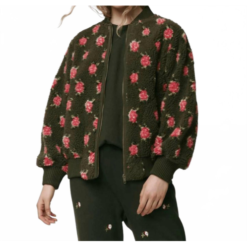 THE GREAT. zip front plush bomber jacket in woodland green