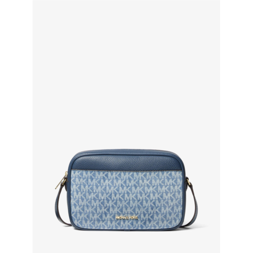 Michael Kors Outlet jet set travel signature logo print denim camera crossbody bag