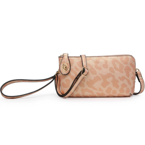 Jen & Co. cheetah print crossbody wristlet clutch with twist lock closure in rose pink