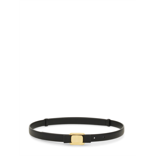FERRAGAMO sleek black belt with polished gold buckle