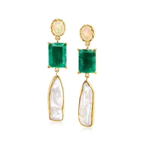Ross-Simons opal 8x26mm cultured baroque pearl and emerald drop earrings in 18kt gold over sterling