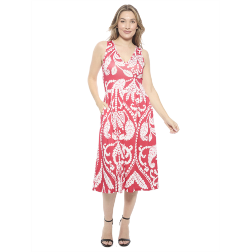 24seven Comfort Apparel womens paisley v neck sleeveless pleated pocket midi fit n flare dress