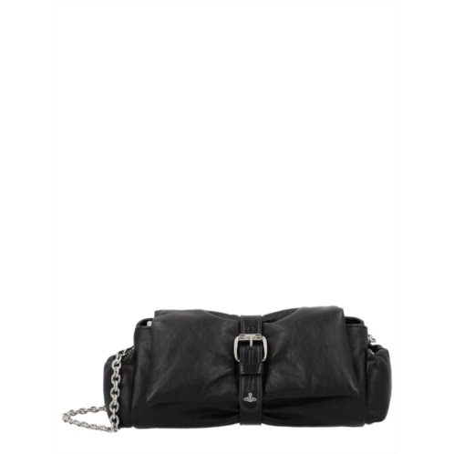 VIVIENNE WESTWOOD black silver buckle gathered calf leather clutch
