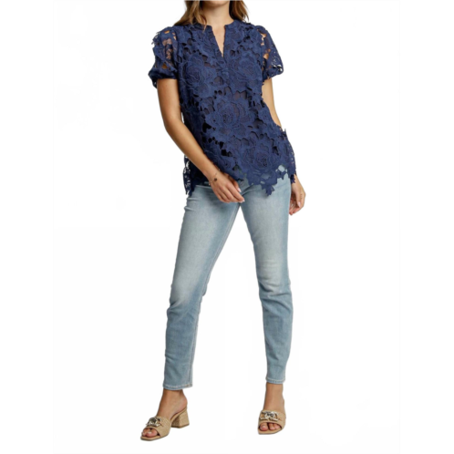 Umgee split neck lace top in blue