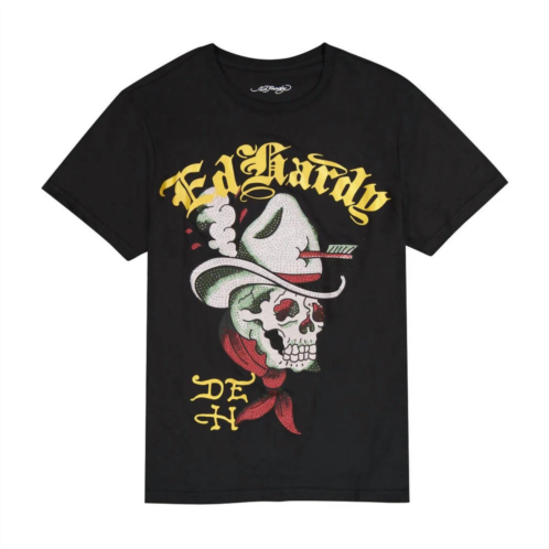 Ed Hardy mens cowboy skull throwback rhinestone tee in black