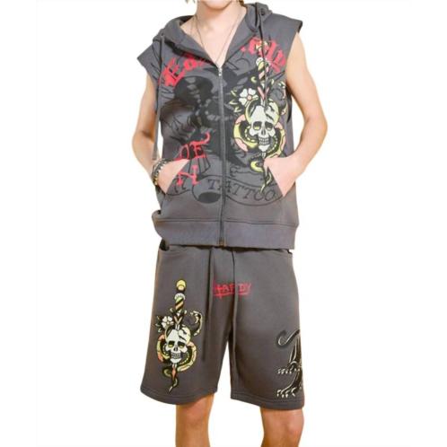 Ed Hardy panther skull fleece zip up cut off hoodie in charcoal