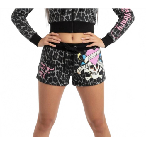 Ed Hardy love kills slowly pink skull zip front hoodie in black leopard