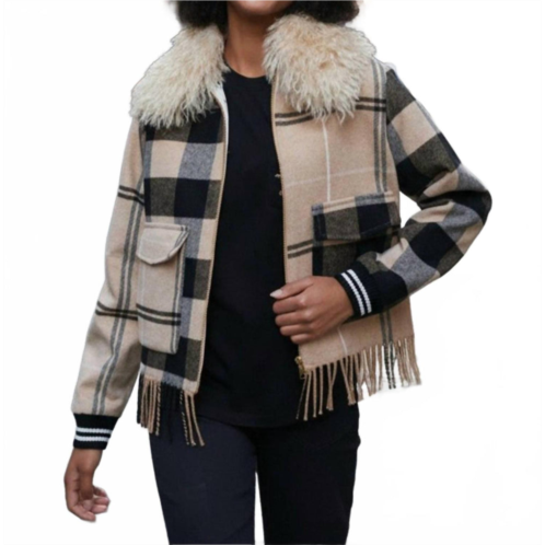 Vilagallo plaid zip bomber jacket in camel check fringe