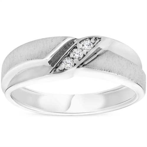 Pompeii3 mens 1/10ct white gold diamond ring contour brushed three stone wedding band