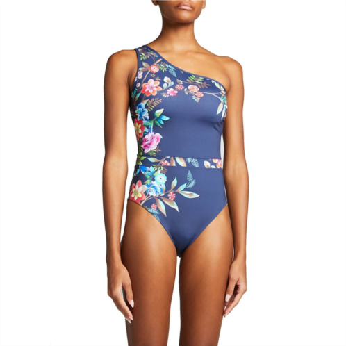 Johnny Was bloom one shoulder one piece swimsuit in blue