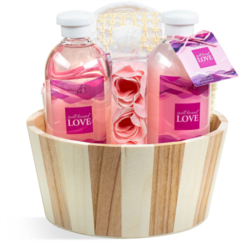 Freida and Joe spell bound love spa skin care set in vintage wooden gift basket