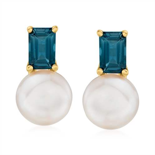 Ross-Simons 8-8.5mm cultured pearl and london blue topaz earrings in 18kt gold over sterling