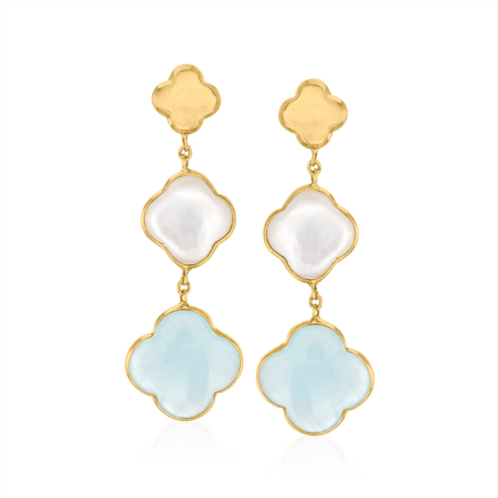 Ross-Simons italian mother-of-pearl and aquamarine clover drop earrings in 14kt yellow gold