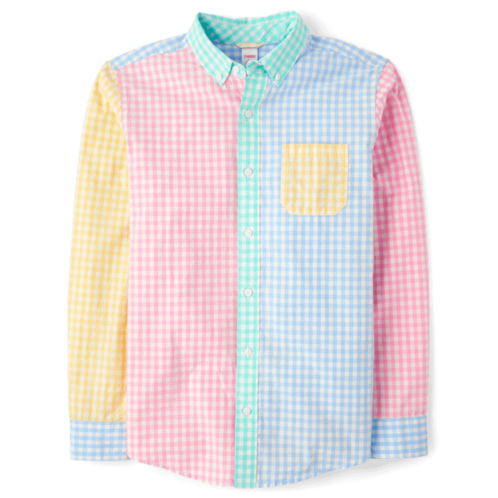Gymboree Mens Dad And Me Gingham Colorblock Poplin Button Up Shirt - Garden Party - blue Gymboree Mens Dad And Me Gingham Colorblock Poplin Button Up Shirt - Garden Party - blue