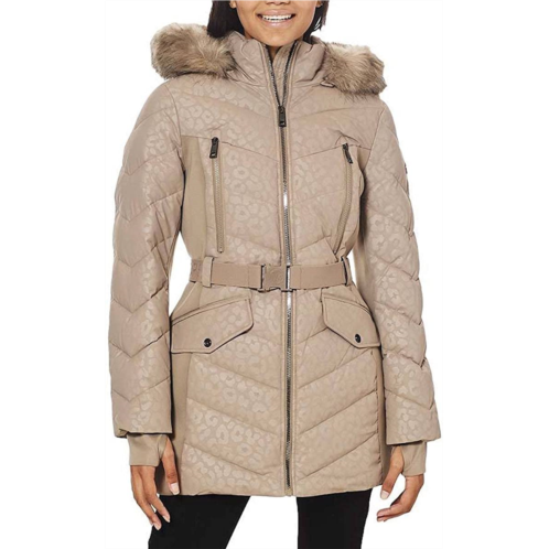 Michael Michael Kors womens logo lepaord belted hood puffer coat taupe Michael Michael Kors womens logo lepaord belted hood puffer coat taupe