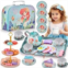 Lajeje 48pc Mermaid Tea Party Set for Little Girls,Birthday Gifts for Age 3 4 5 6 Year Old Girls,Pretend Tin Teapot, Cups, Plates,and Food Sweet Treats Playset for Princess Tea Time Play