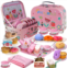 Tea Party Set for Little Girls,PRE-WORLD Princess Tea Time Toy Including Dessert,Cookies,Doughnut,Teapot Tray Cake, Tablecloth & Carrying Case,Kids Kitchen Pretend Play for Girls B