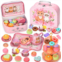 Lajeje Cat Tea Party Set for Little Girls - 49pcs Pretend Play Toy, Birthday Gift for Toddlers Ages 3 4 5 6 Year Old, Includes Kitten Tin Tea Set, Desserts, and Carrying Case, Cat