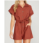 SHE + SKY drop shoulder woven twill romper with pockets in rust